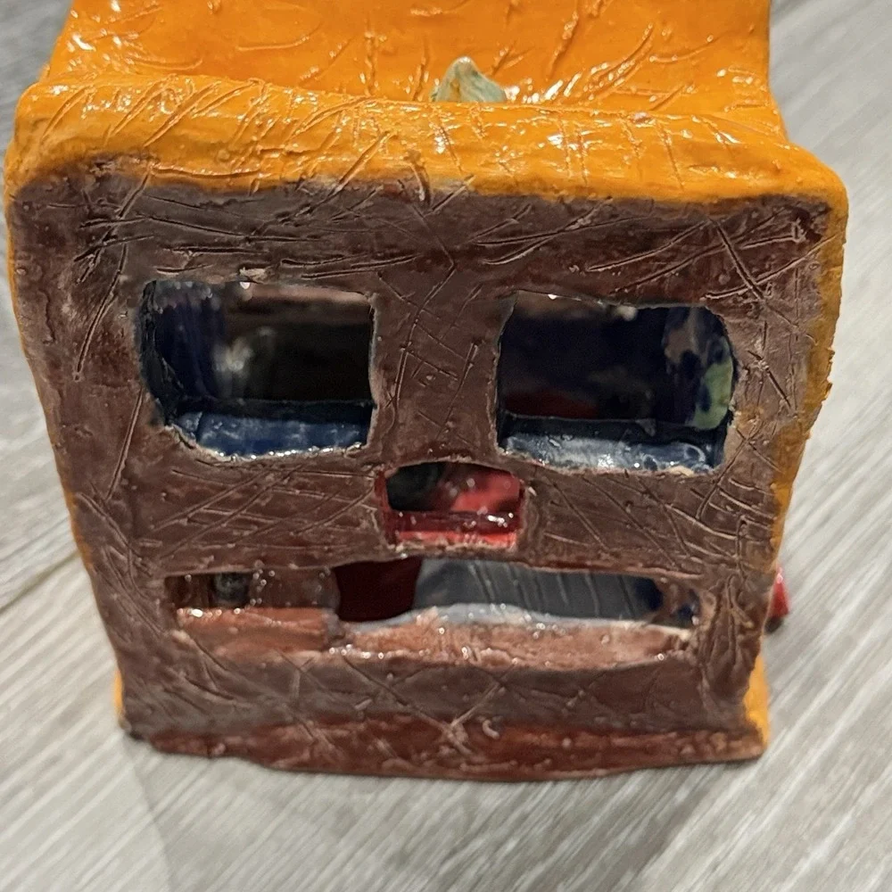 Handmade Ceramic Cat House Luminary Tealight Candle Holder‎ Orange Folk Art